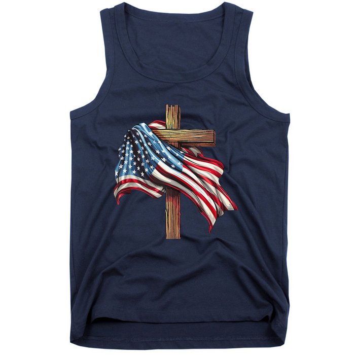 American Flag Christian Cross Jesus 4th Of July Patriotic Tank Top