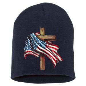 American Flag Christian Cross Jesus 4th Of July Patriotic Short Acrylic Beanie