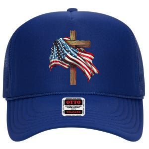 American Flag Christian Cross Jesus 4th Of July Patriotic High Crown Mesh Back Trucker Hat