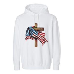 American Flag Christian Cross Jesus 4th Of July Patriotic Garment-Dyed Fleece Hoodie