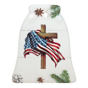 American Flag Christian Cross Jesus 4th Of July Patriotic Ceramic Bell Ornament