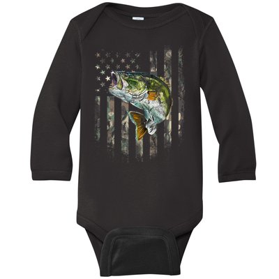 American Flag Camo Bass Fish Fishing Baby Long Sleeve Bodysuit