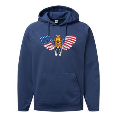 American Flag Cicada 4th Of July Entomologist Insect Bug Gift Performance Fleece Hoodie