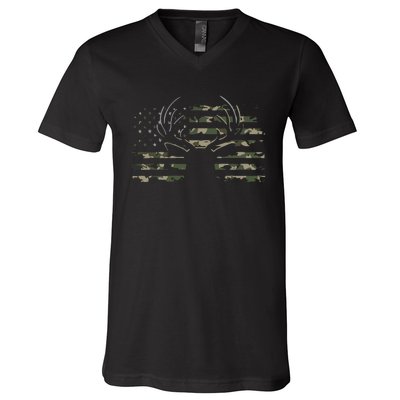 American Flag Camouflage Outdoor Antlers Deer V-Neck T-Shirt