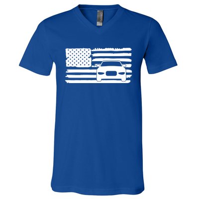 American Flag Car Racing Gift Vintage Usa Flag Auto Racing Funny Gift V-Neck T-Shirt