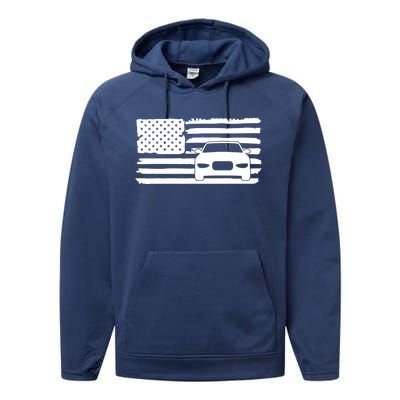 American Flag Car Racing Gift Vintage Usa Flag Auto Racing Funny Gift Performance Fleece Hoodie