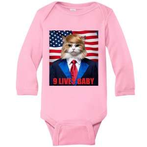 American Flag Cat In Suite Donald Trump Nine Lives Baby Baby Long Sleeve Bodysuit