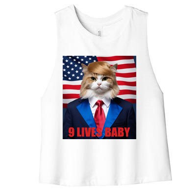 American Flag Cat In Suite Donald Trump Nine Lives Baby Women's Racerback Cropped Tank