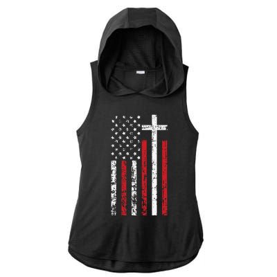 American Flag Cross Christmas Patriotic Religious Christian Ladies PosiCharge Tri-Blend Wicking Draft Hoodie Tank