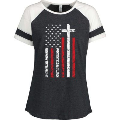 American Flag Cross Christmas Patriotic Religious Christian Enza Ladies Jersey Colorblock Tee