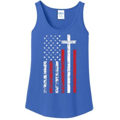 American Flag Cross Christmas Patriotic Religious Christian Ladies Essential Tank