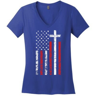 American Flag Cross Christmas Patriotic Religious Christian Women's V-Neck T-Shirt