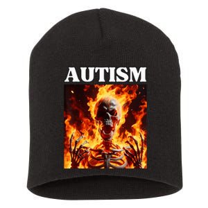 Autism Funny Cringe Edgy Hard Skeleton Meme Flames Short Acrylic Beanie