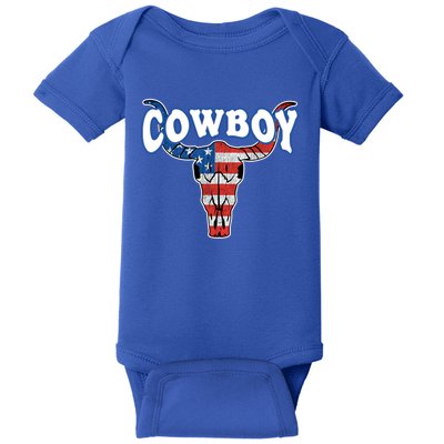 American Flag Cow Skull 4th Of July Rodeo Western Cow Great Gift Baby Bodysuit