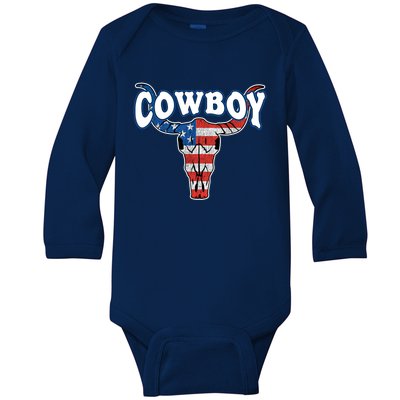 American Flag Cow Skull 4th Of July Rodeo Western Cow Great Gift Baby Long Sleeve Bodysuit