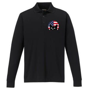 American Flag Cat 4th Of July Kitten Patriotic Pet Lover Performance Long Sleeve Polo