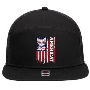 American Flag Cat 4th Of July Kitten Patriotic Pet Lover Pun 7 Panel Mesh Trucker Snapback Hat