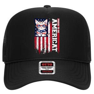 American Flag Cat 4th Of July Kitten Patriotic Pet Lover Pun High Crown Mesh Back Trucker Hat