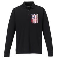 American Flag Cat 4th Of July Kitten Patriotic Pet Lover Pun Performance Long Sleeve Polo