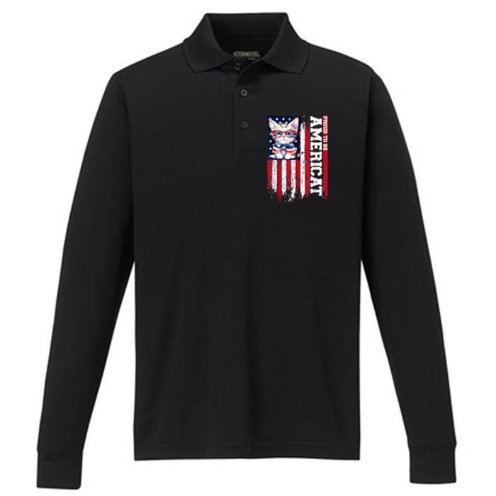 American Flag Cat 4th Of July Kitten Patriotic Pet Lover Pun Performance Long Sleeve Polo