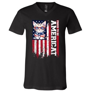 American Flag Cat 4th Of July Kitten Patriotic Pet Lover Pun V-Neck T-Shirt