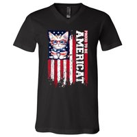 American Flag Cat 4th Of July Kitten Patriotic Pet Lover Pun V-Neck T-Shirt