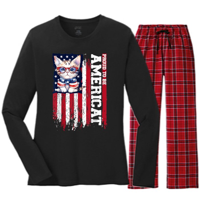 American Flag Cat 4th Of July Kitten Patriotic Pet Lover Pun Women's Long Sleeve Flannel Pajama Set 