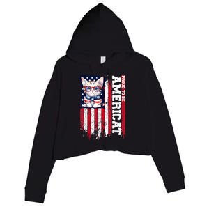 American Flag Cat 4th Of July Kitten Patriotic Pet Lover Pun Crop Fleece Hoodie