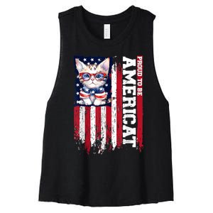 American Flag Cat 4th Of July Kitten Patriotic Pet Lover Pun Women's Racerback Cropped Tank