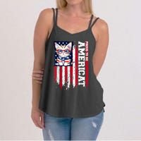 American Flag Cat 4th Of July Kitten Patriotic Pet Lover Pun Women's Strappy Tank