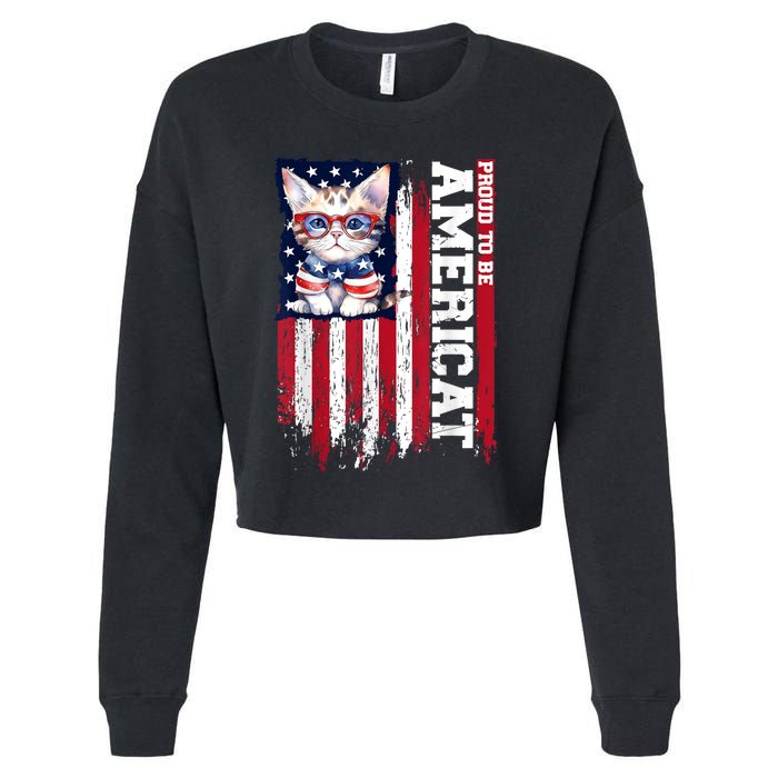 American Flag Cat 4th Of July Kitten Patriotic Pet Lover Pun Cropped Pullover Crew