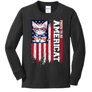 American Flag Cat 4th Of July Kitten Patriotic Pet Lover Pun Kids Long Sleeve Shirt