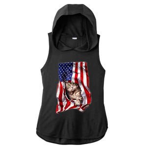 American Flag Cat 4th Of July Kitten Patriotic Pet Lover Ladies PosiCharge Tri-Blend Wicking Draft Hoodie Tank