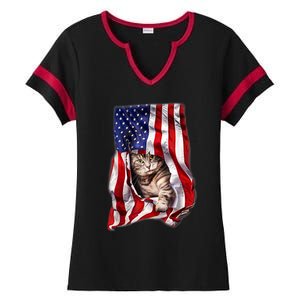 American Flag Cat 4th Of July Kitten Patriotic Pet Lover Ladies Halftime Notch Neck Tee