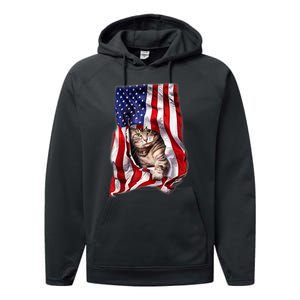 American Flag Cat 4th Of July Kitten Patriotic Pet Lover Performance Fleece Hoodie