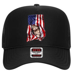 American Flag Cat 4th Of July Kitten Patriotic Pet Lover High Crown Mesh Back Trucker Hat