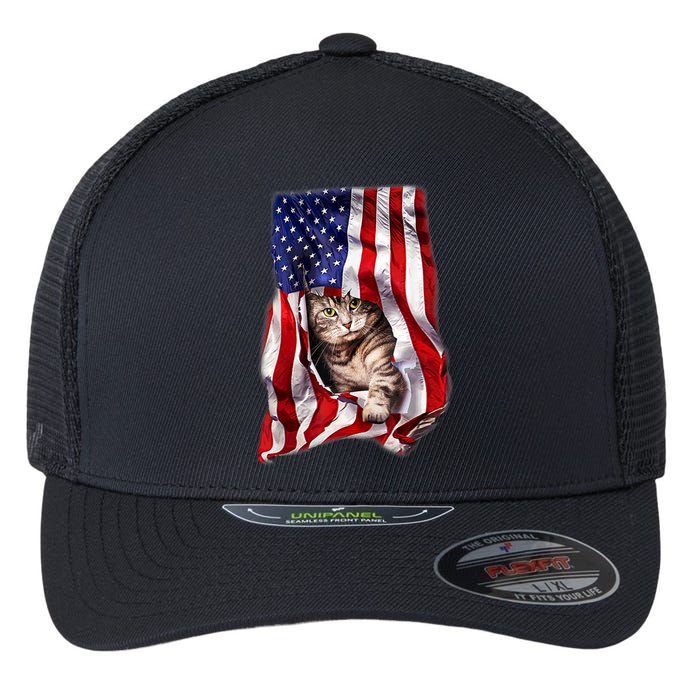 American Flag Cat 4th Of July Kitten Patriotic Pet Lover Flexfit Unipanel Trucker Cap