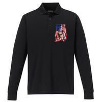 American Flag Cat 4th Of July Kitten Patriotic Pet Lover Performance Long Sleeve Polo