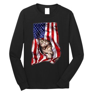 American Flag Cat 4th Of July Kitten Patriotic Pet Lover Long Sleeve Shirt