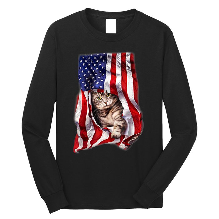 American Flag Cat 4th Of July Kitten Patriotic Pet Lover Long Sleeve Shirt