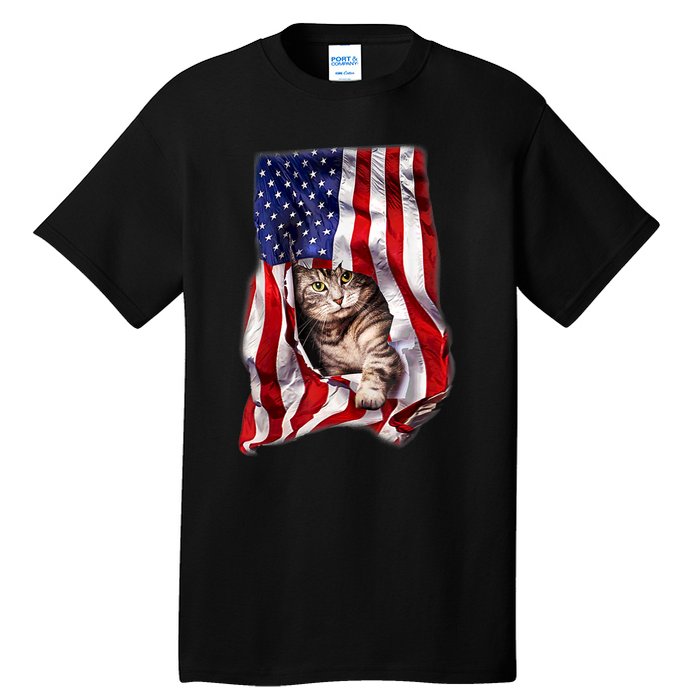 American Flag Cat 4th Of July Kitten Patriotic Pet Lover Tall T-Shirt