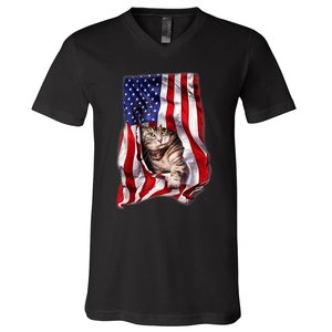 American Flag Cat 4th Of July Kitten Patriotic Pet Lover V-Neck T-Shirt