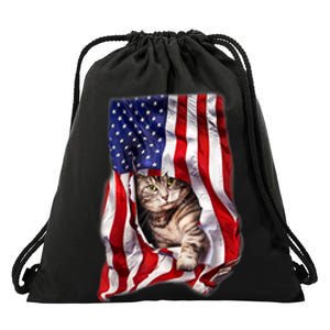 American Flag Cat 4th Of July Kitten Patriotic Pet Lover Drawstring Bag