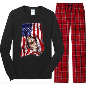 American Flag Cat 4th Of July Kitten Patriotic Pet Lover Long Sleeve Pajama Set