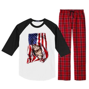 American Flag Cat 4th Of July Kitten Patriotic Pet Lover Raglan Sleeve Pajama Set