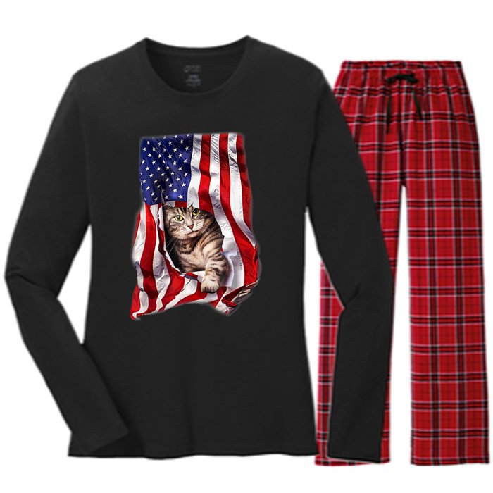 American Flag Cat 4th Of July Kitten Patriotic Pet Lover Women's Long Sleeve Flannel Pajama Set 