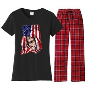 American Flag Cat 4th Of July Kitten Patriotic Pet Lover Women's Flannel Pajama Set