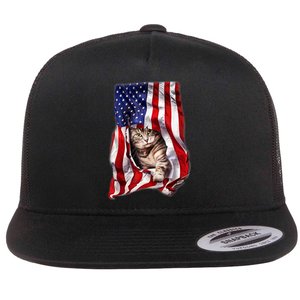 American Flag Cat 4th Of July Kitten Patriotic Pet Lover Flat Bill Trucker Hat