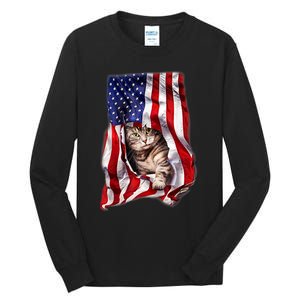 American Flag Cat 4th Of July Kitten Patriotic Pet Lover Tall Long Sleeve T-Shirt