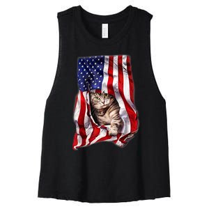 American Flag Cat 4th Of July Kitten Patriotic Pet Lover Women's Racerback Cropped Tank